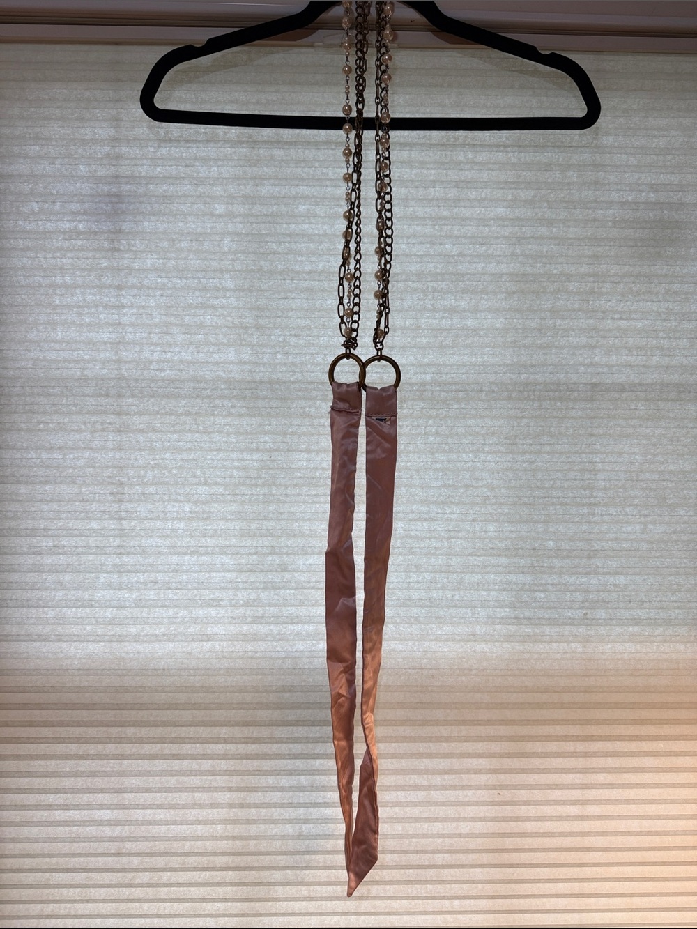 GAP Rose Gold Chain Necklace with Pearl Balls and Pink Satin Ribbon